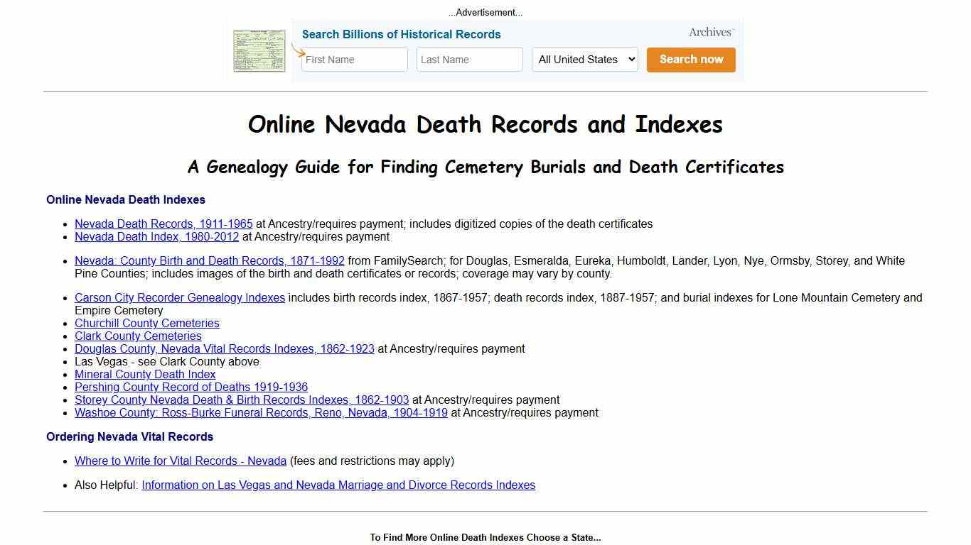 Online Nevada Death Indexes & Records