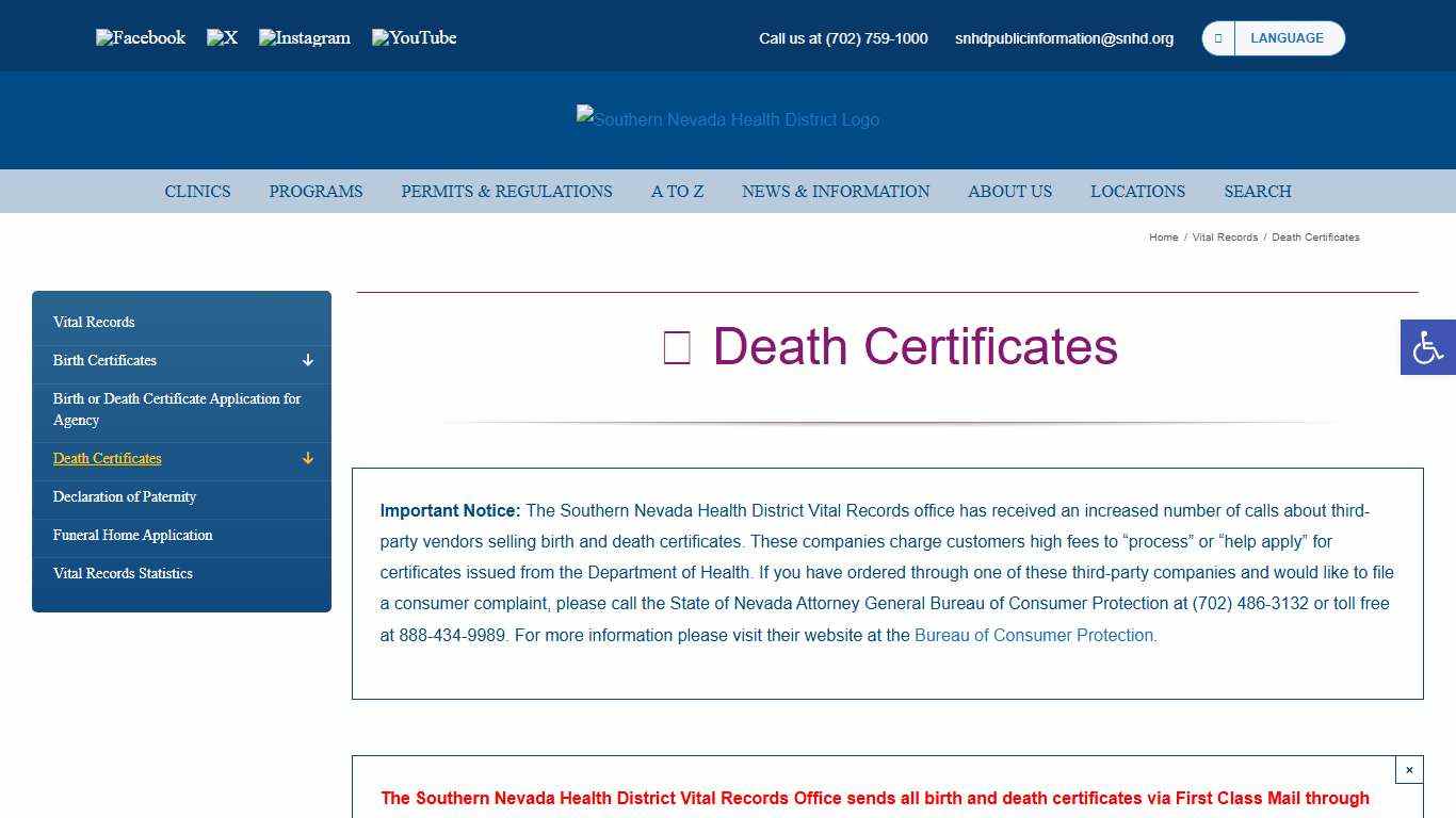Death Certificates – Southern Nevada Health District